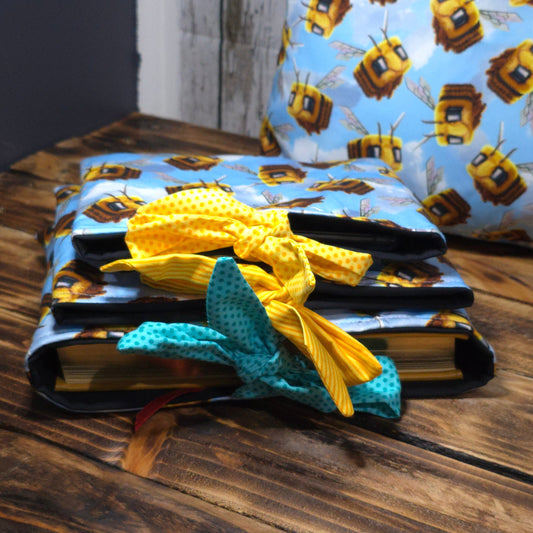 Fluffy Bees Fabric Book Sleeve – Side Tie Closure – 3 Sizes